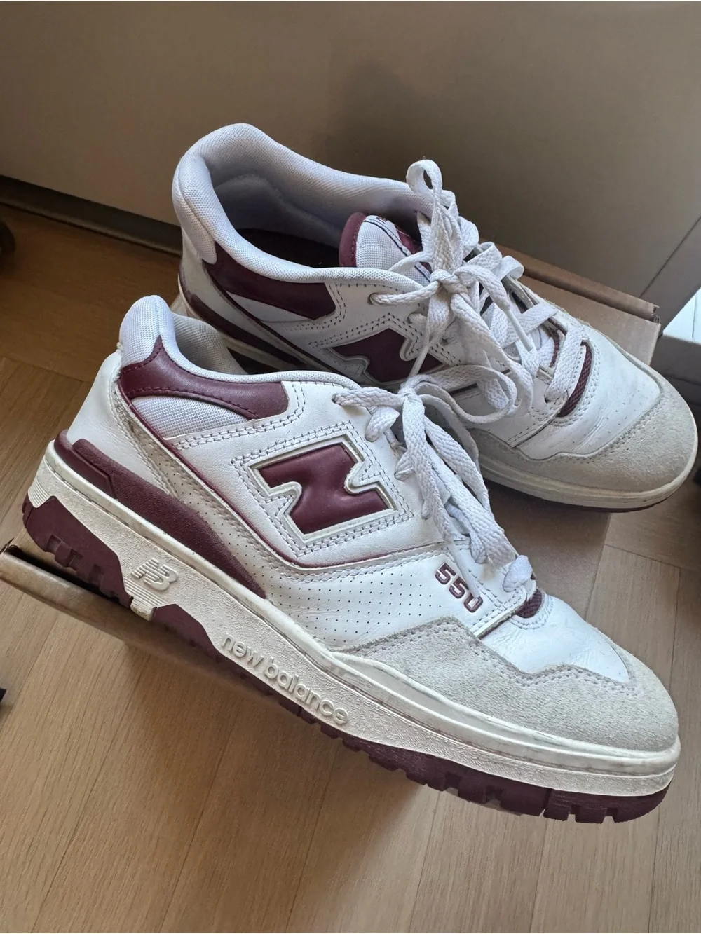 New Balance White and Burgundy Retro 550 Sneakers